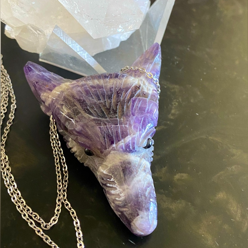Carved Amethyst Wolf Long Necklace
